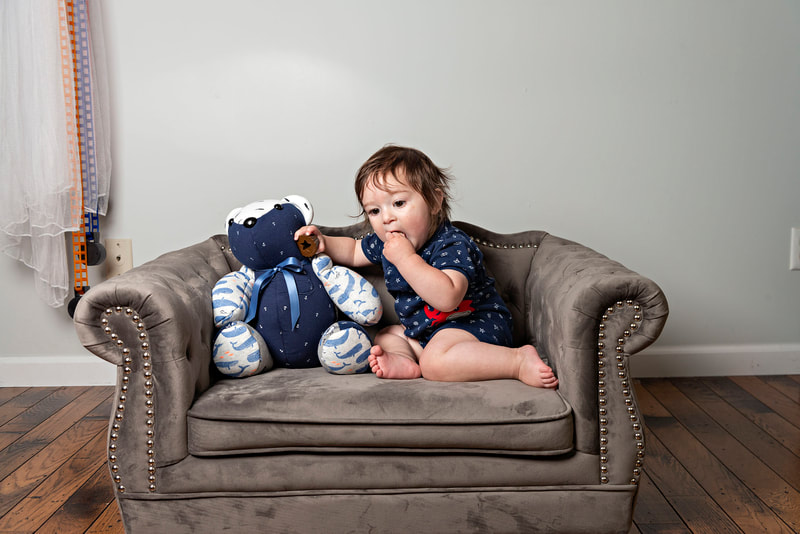 photo of a memory bear by the pretty piggy shop on etsy and a 1 year old baby boy photographed by Laura Pea Photography