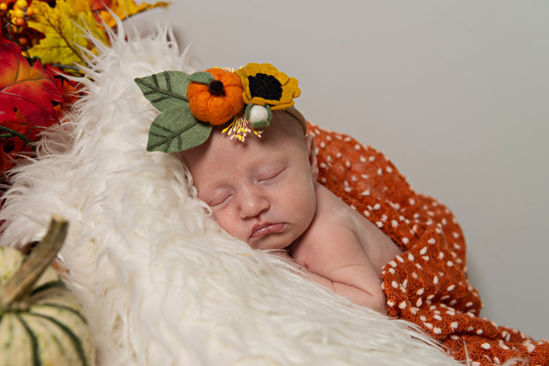 photo of a newborn baby girl in a fall headband and an orange and white wrap laying on a white furry rug in a photo studio, surrounded by fall leaves, pumpkins and gourds